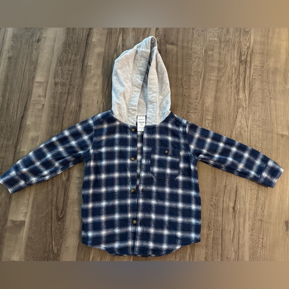 Carter's Toddler Boy Plaid Flannel Shirt with Hood. Size: 2T Toddler Hoodie